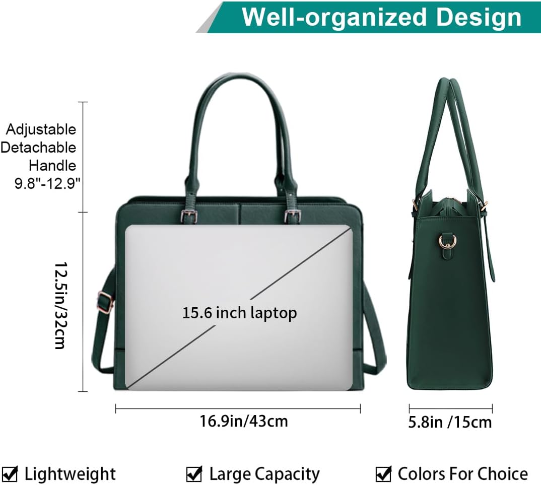 Laptop Bag for Women Leather Work Tote 15.6 Inch Laptop for Computer Bag Waterproof Business Office Professional Large Capacity Handbag Shoulder Bag DeepGreen