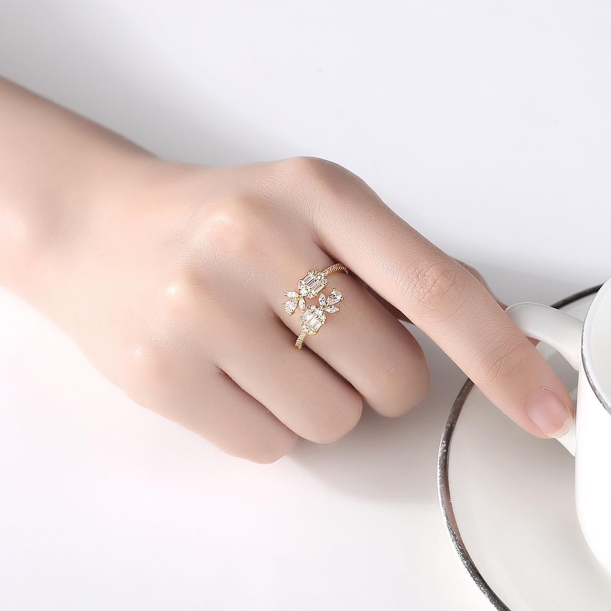 14K Gold Flower Open Twist Eternity Band for Women, Moissanite Crossover Stackable Ring, Ideal Gift for Girlfriend