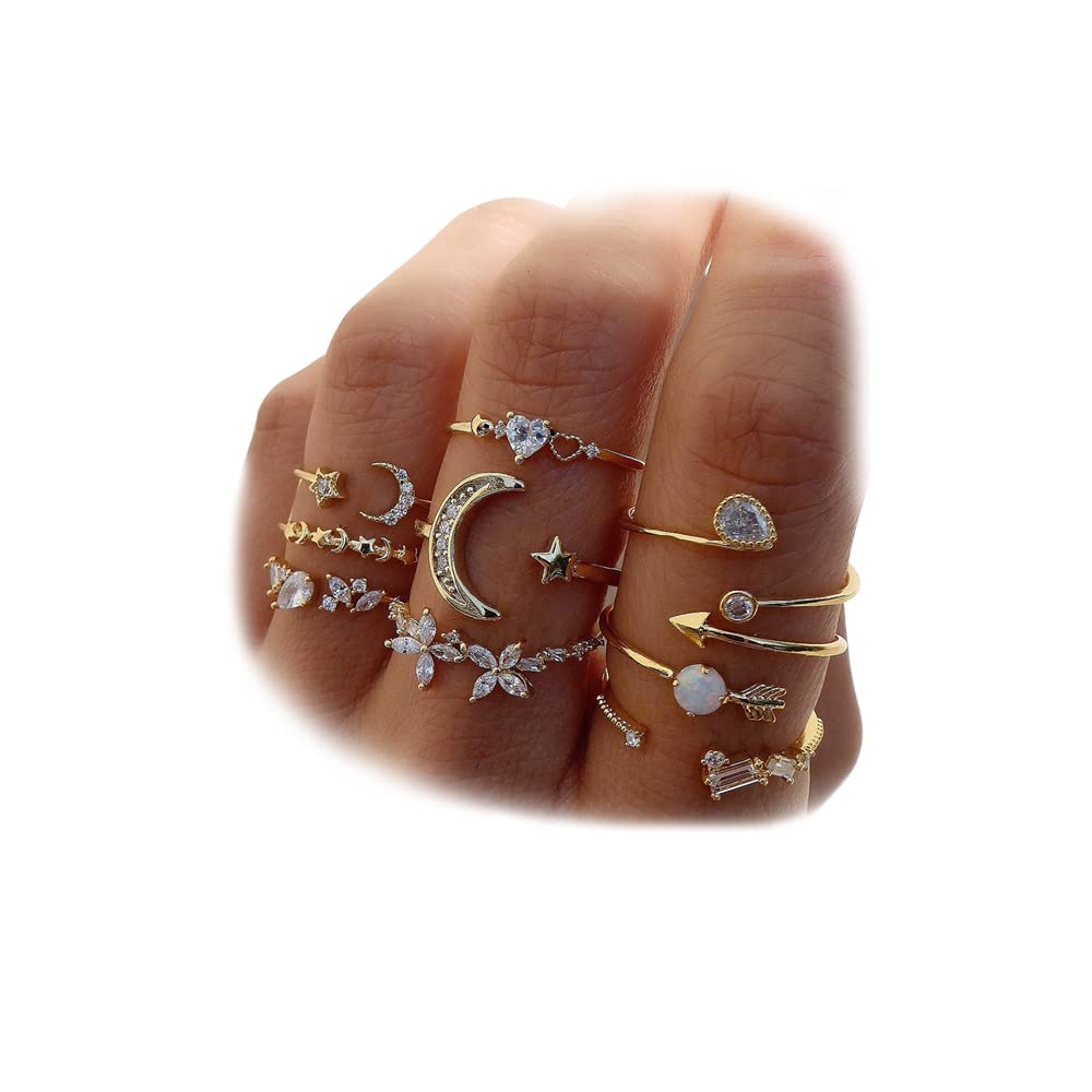 KISS WIFE Gold Stackable Moon Star Knuckle Rings Set for Women, Boho Dainty Lightweight Stacking Rings, Vintage Midi Rings Pack, Trendy Jewelry