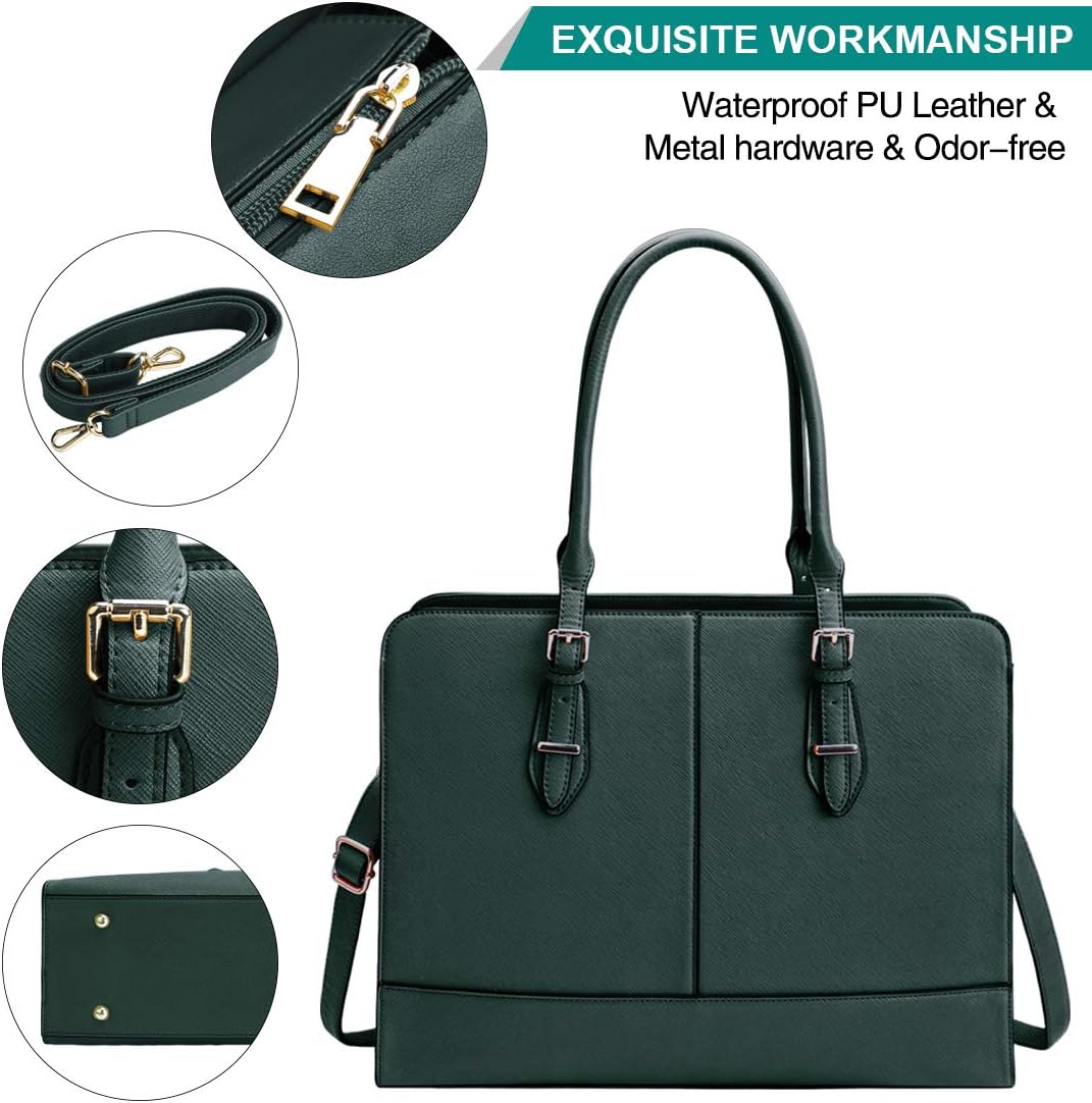 Laptop Bag for Women Leather Work Tote 15.6 Inch Laptop for Computer Bag Waterproof Business Office Professional Large Capacity Handbag Shoulder Bag DeepGreen