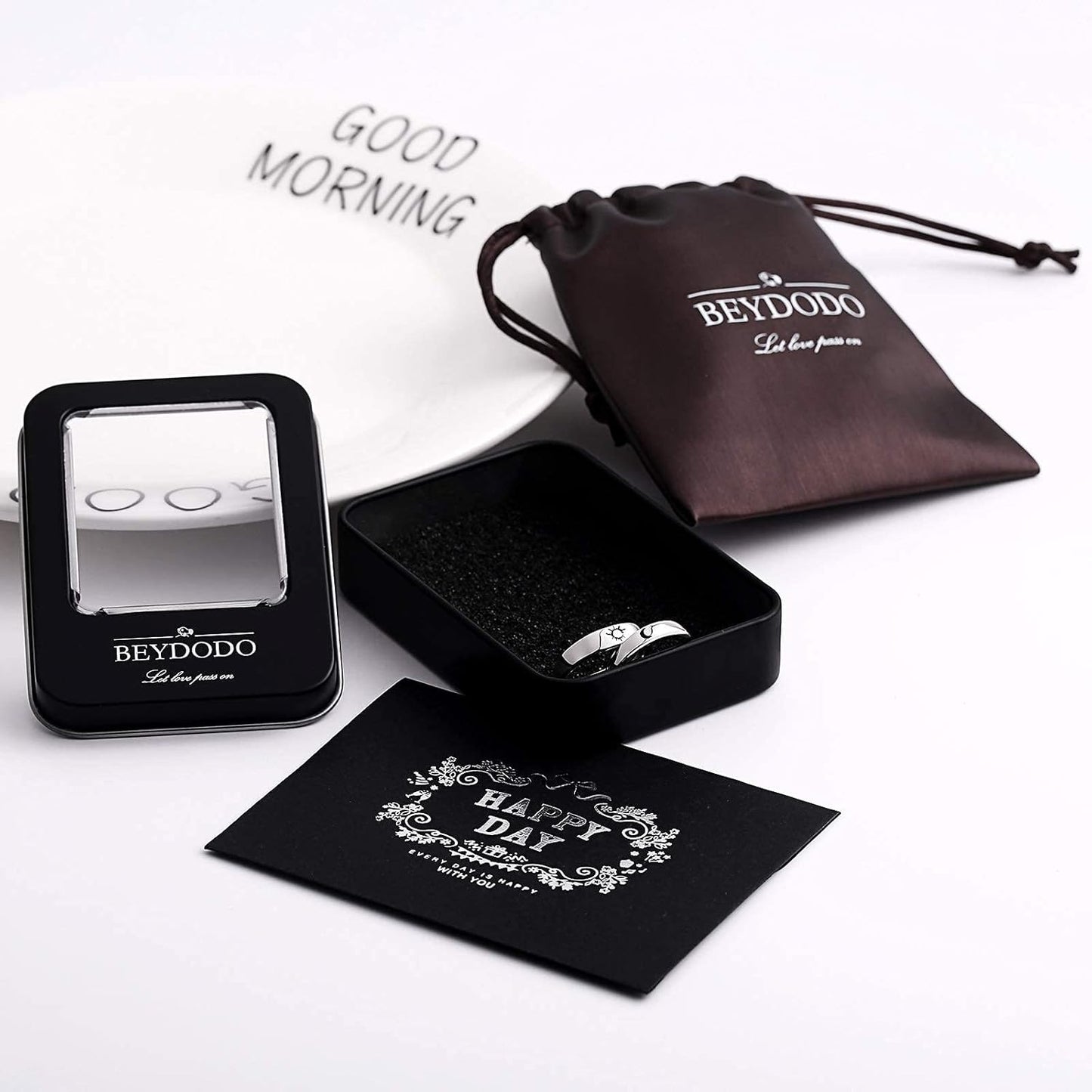 Beydodo 925 Silver Rings Custom Adjustable Sun and Moon Matching Rings Engraved I Love You Couples Rings Wedding