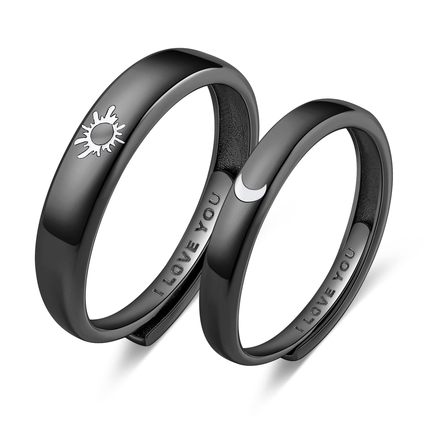 Beydodo 925 Silver Rings Custom Adjustable Sun and Moon Matching Rings Engraved I Love You Couples Rings Wedding
