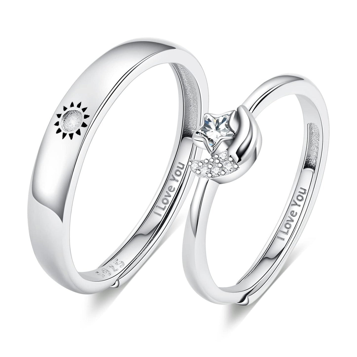 Beydodo 925 Silver Rings Custom Adjustable Sun and Moon Matching Rings Engraved I Love You Couples Rings Wedding