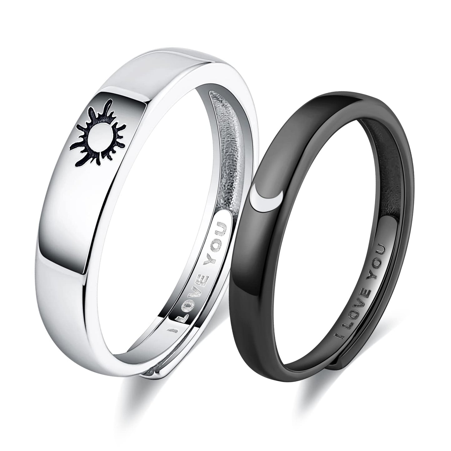 Beydodo 925 Silver Rings Custom Adjustable Sun and Moon Matching Rings Engraved I Love You Couples Rings Wedding