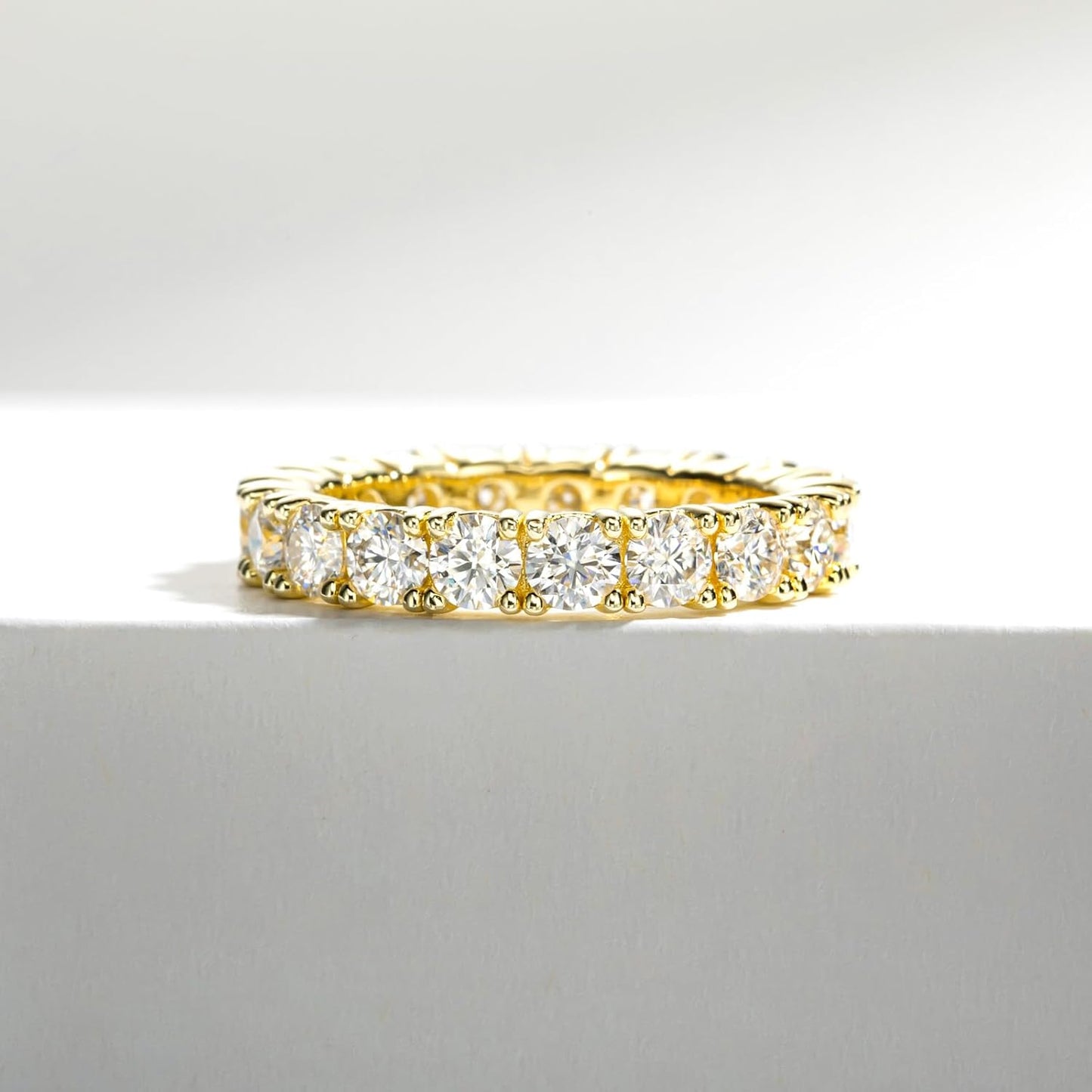 Moissanite Wedding Band 4ct/2.1ct D Color VVS1 Round Cut 14K Yellow Gold Plated 925 Sterling Silver Eternity Band Rings for Women
