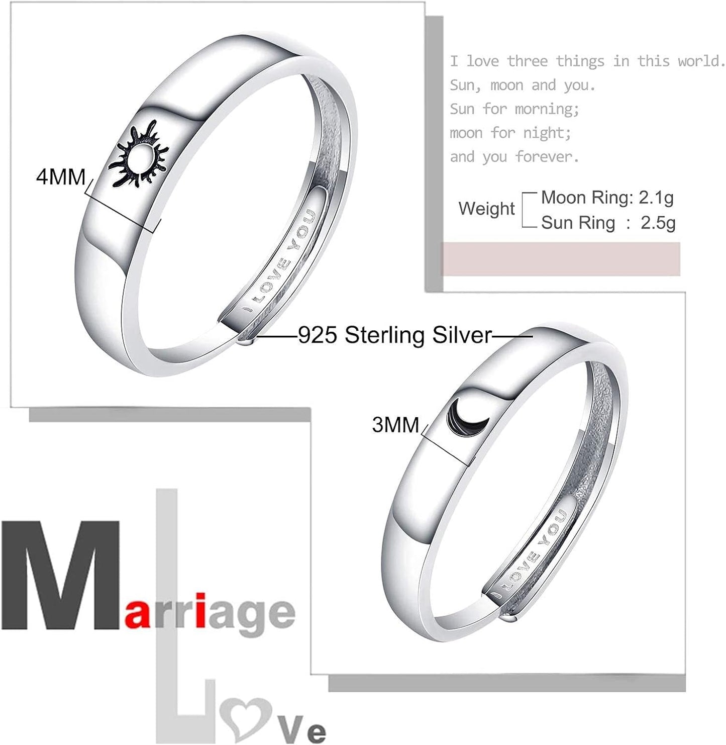 Beydodo 925 Silver Rings Custom Adjustable Sun and Moon Matching Rings Engraved I Love You Couples Rings Wedding