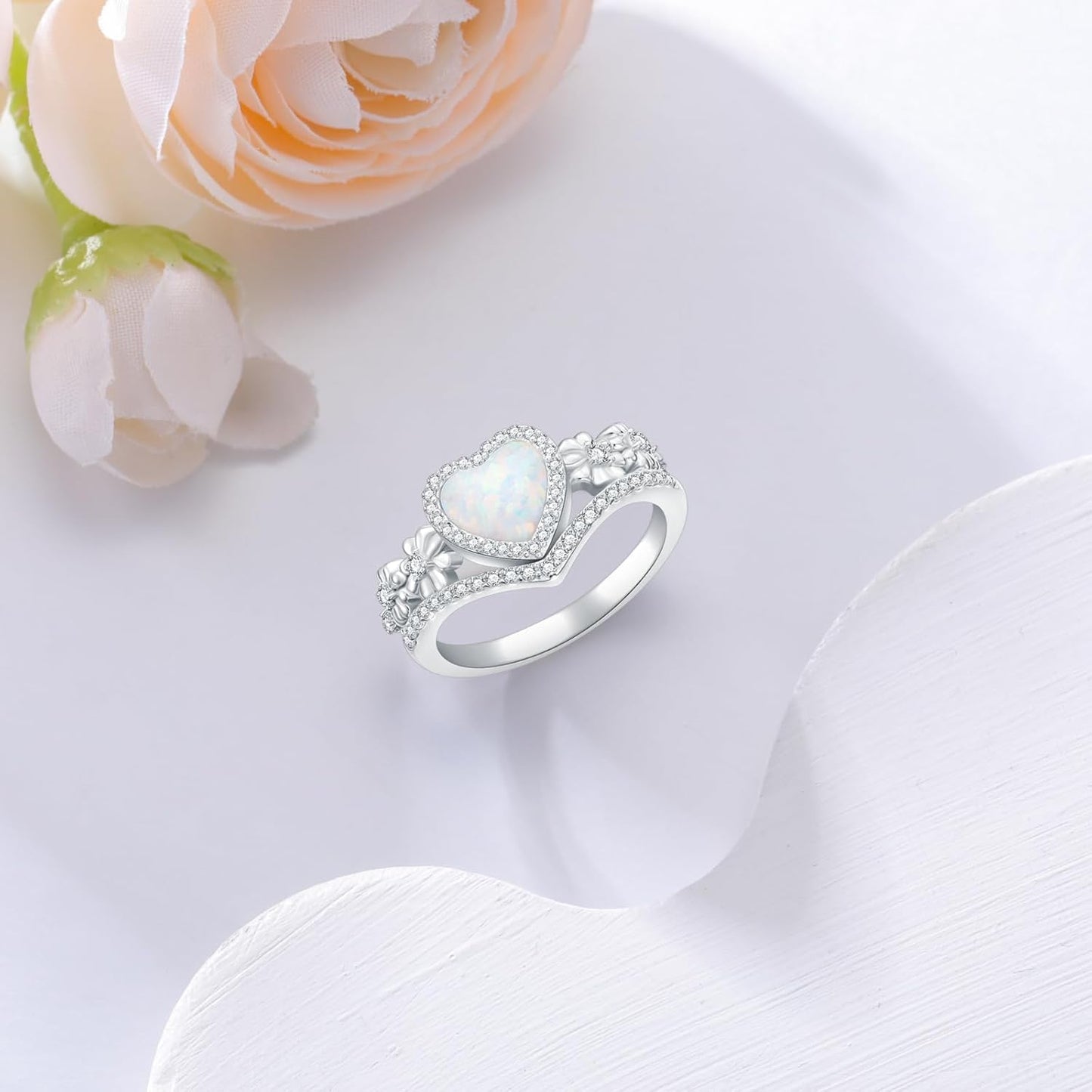 925 Sterling Silver Daisy Heart-Shaped Opal Ring with Cubic Zirconia,Flower Stacking Statement Wedding Band Ring for Women Jewelry Gifts for Her(Size 5-10)