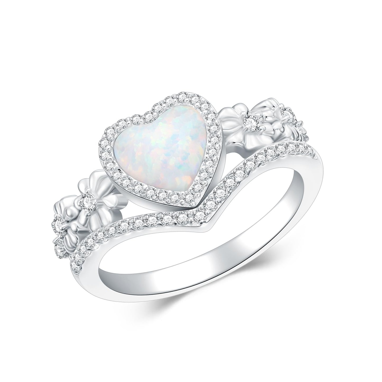 925 Sterling Silver Daisy Heart-Shaped Opal Ring with Cubic Zirconia,Flower Stacking Statement Wedding Band Ring for Women Jewelry Gifts for Her(Size 5-10)