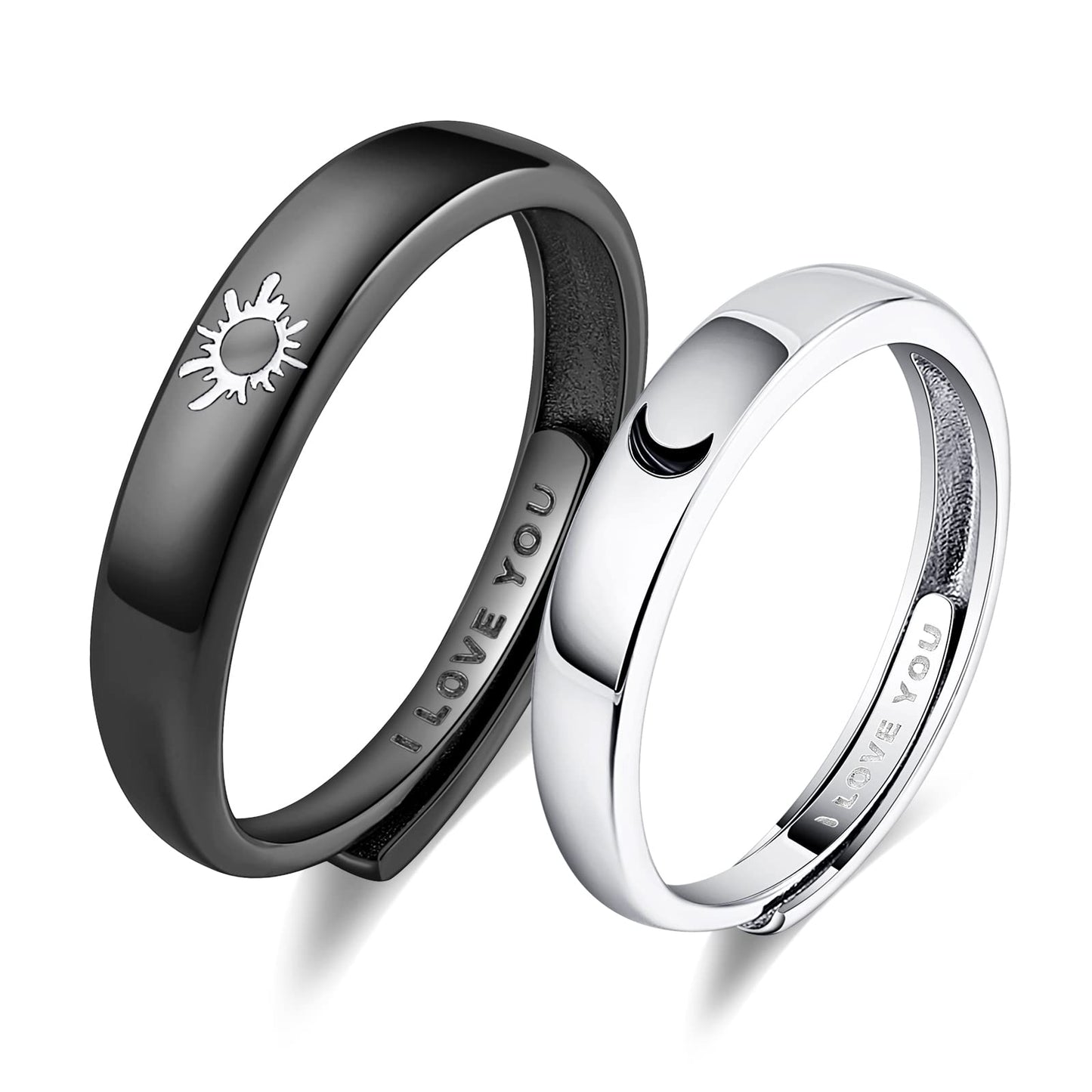 Beydodo 925 Silver Rings Custom Adjustable Sun and Moon Matching Rings Engraved I Love You Couples Rings Wedding