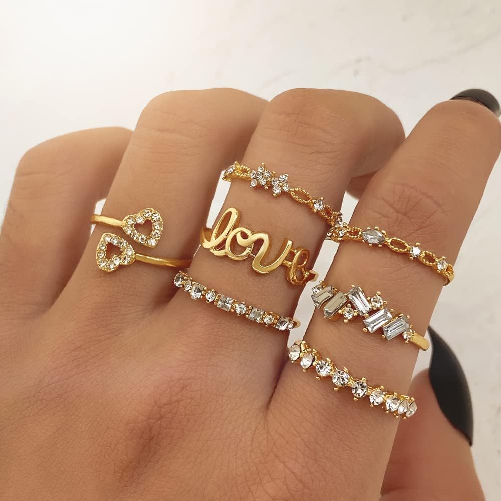 KISS WIFE Gold Stackable Moon Star Knuckle Rings Set for Women, Boho Dainty Lightweight Stacking Rings, Vintage Midi Rings Pack, Trendy Jewelry