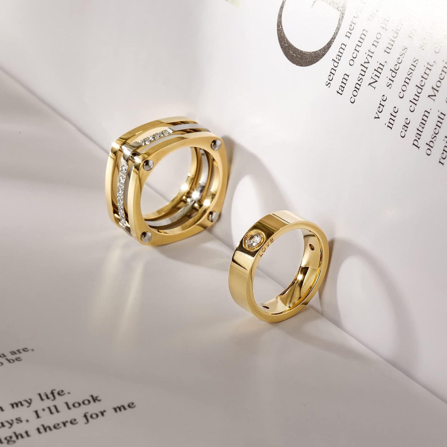 14K Gold Plated Band Rings for Women, Solitaire Rings with CZ, 316L Stainless Steel Chunky Cubic Zirconia Enhancer Ring, Trendy LOVE Engraved Rings