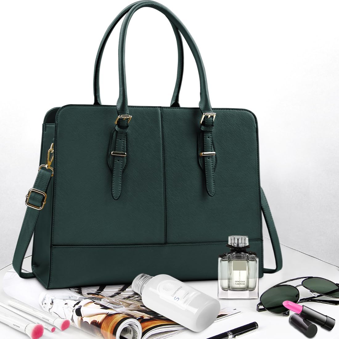 Laptop Bag for Women Leather Work Tote 15.6 Inch Laptop for Computer Bag Waterproof Business Office Professional Large Capacity Handbag Shoulder Bag DeepGreen