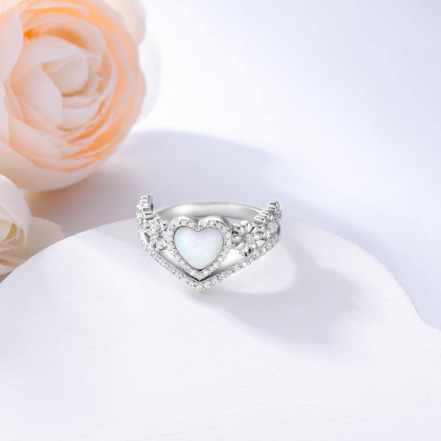 925 Sterling Silver Daisy Heart-Shaped Opal Ring with Cubic Zirconia,Flower Stacking Statement Wedding Band Ring for Women Jewelry Gifts for Her(Size 5-10)