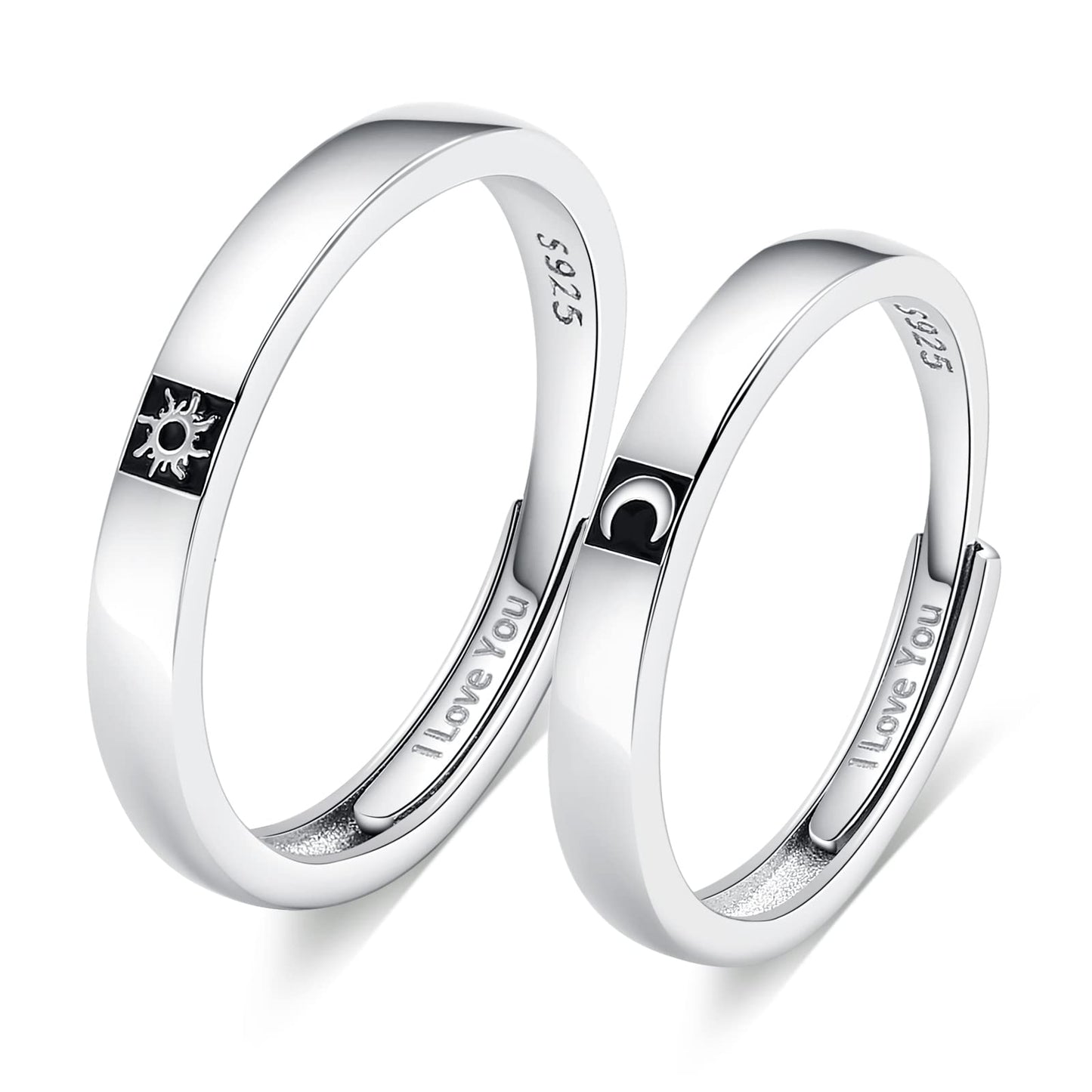 Beydodo 925 Silver Rings Custom Adjustable Sun and Moon Matching Rings Engraved I Love You Couples Rings Wedding