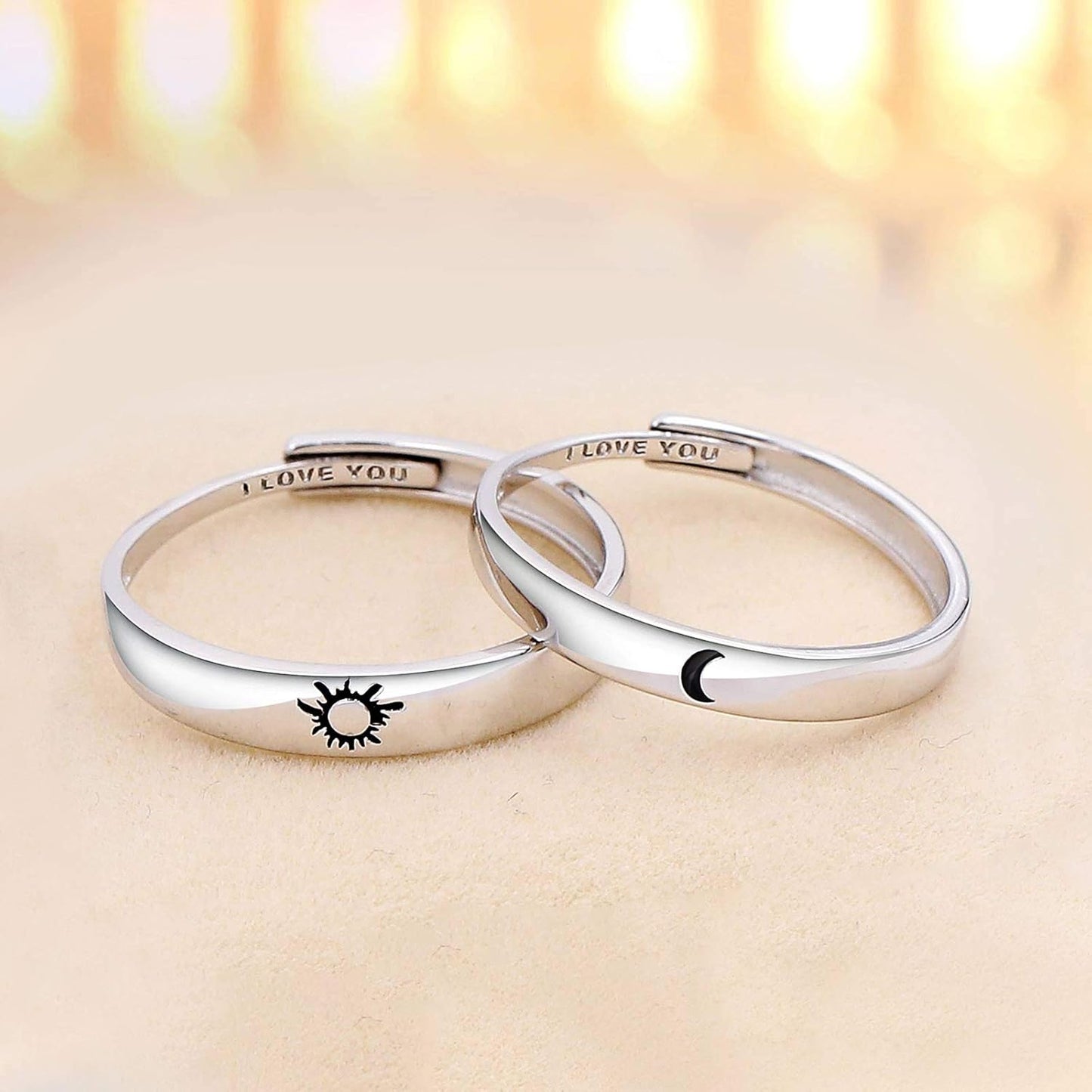 Beydodo 925 Silver Rings Custom Adjustable Sun and Moon Matching Rings Engraved I Love You Couples Rings Wedding