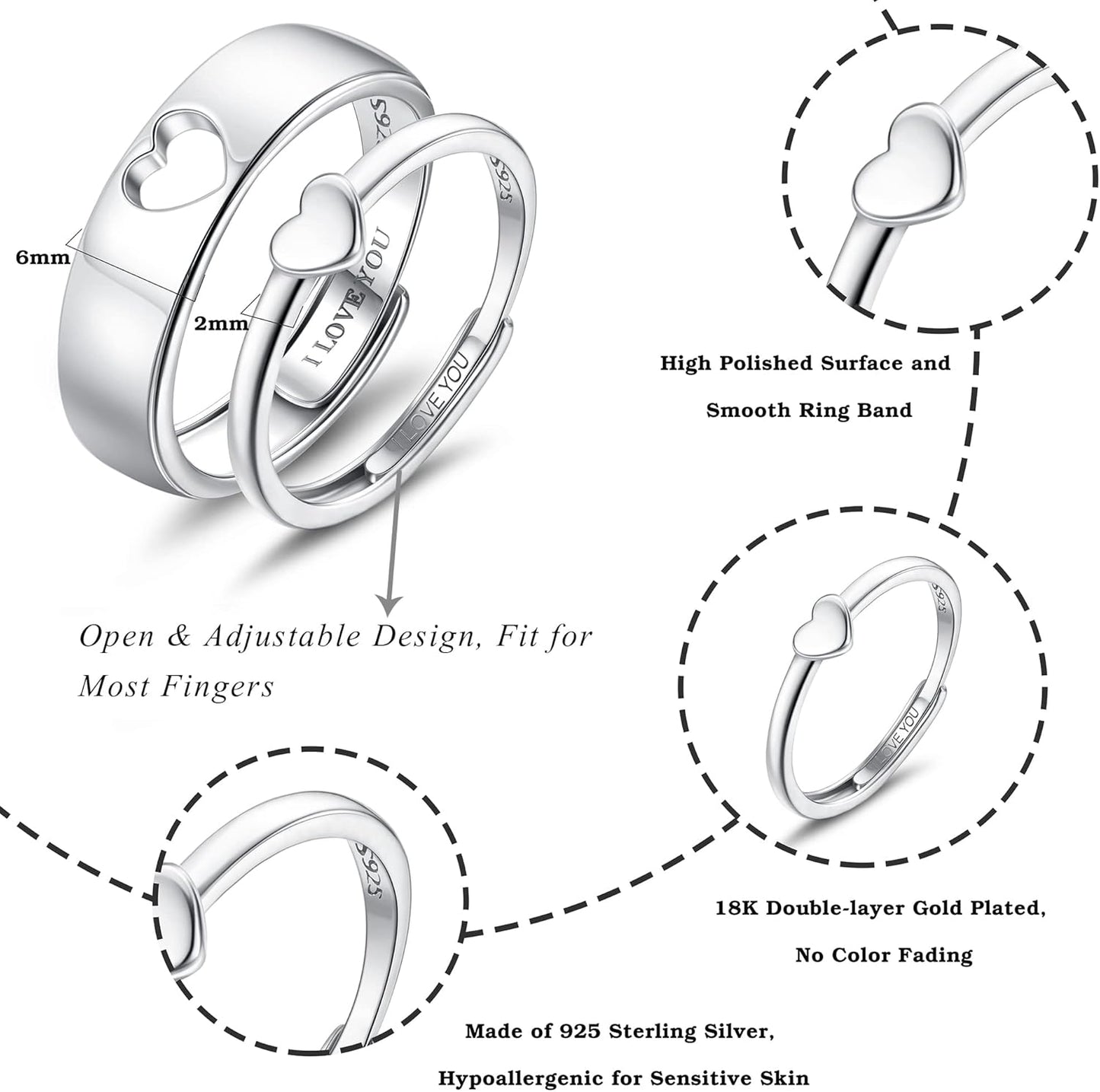 MILACOLATO Matching Rings for Couples 925 Sterling Silver Matching Heart Promise Rings I Love You Engagement Wedding Ring Sets for Him and Her Adjustable Butterfly Matching Rings Valentines Day Gifts