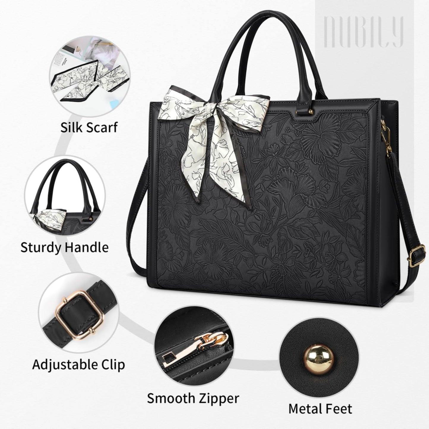 Laptop Bag for Women 15.6 Inch Tote Waterproof Leather Computer Business Lightweight Office Briefcase Large Capacity Handbag Shoulder Black