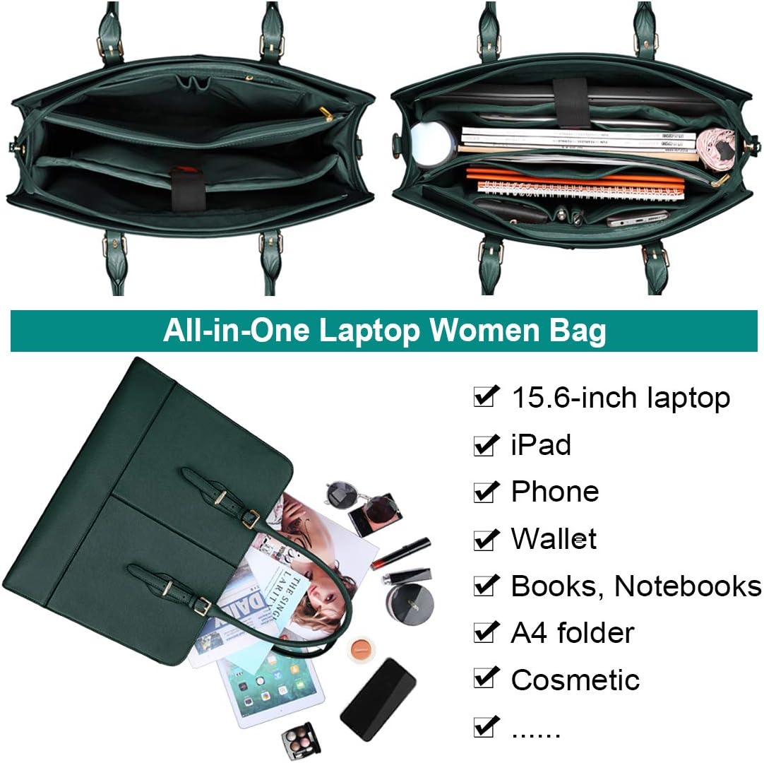Laptop Bag for Women Leather Work Tote 15.6 Inch Laptop for Computer Bag Waterproof Business Office Professional Large Capacity Handbag Shoulder Bag DeepGreen