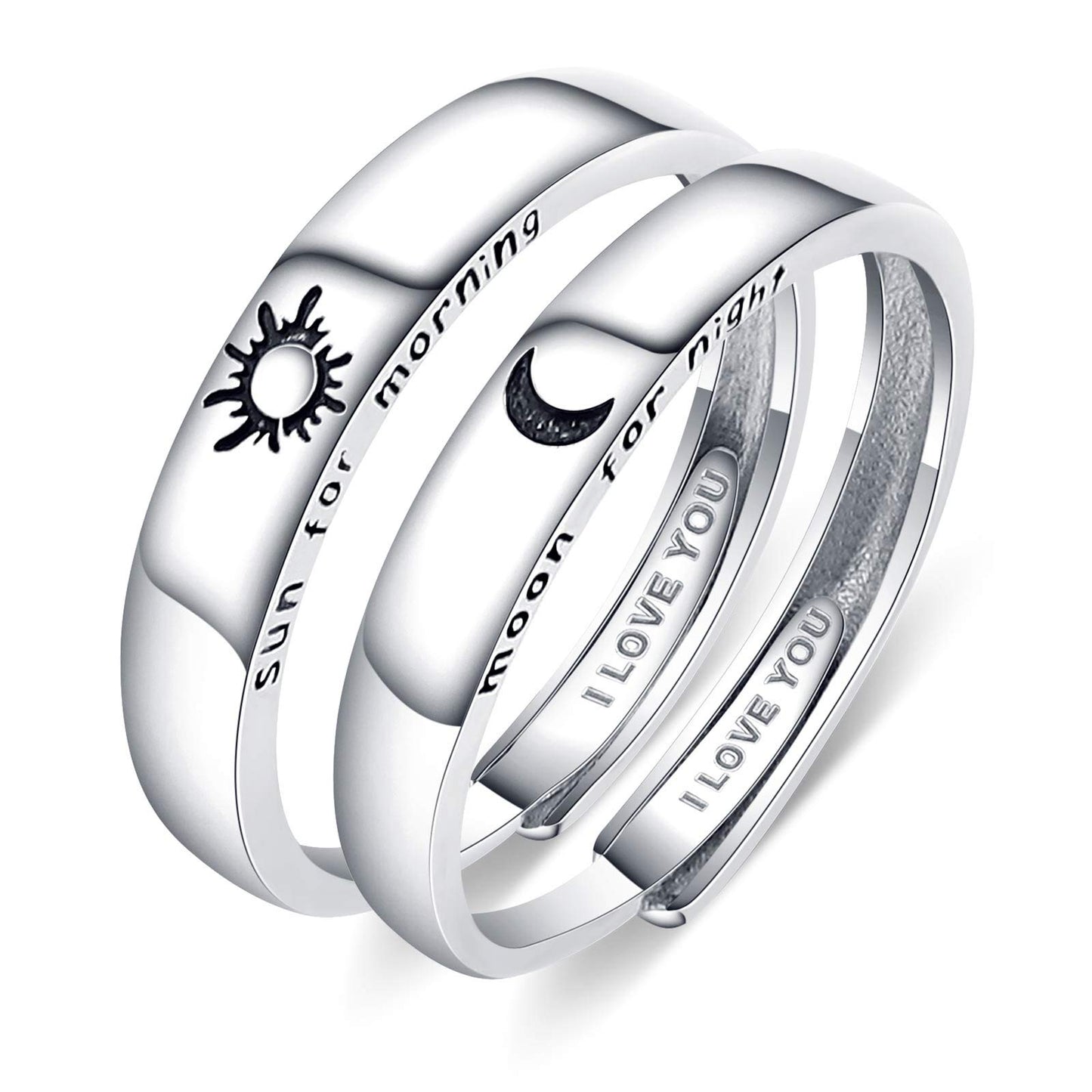 Beydodo 925 Silver Rings Custom Adjustable Sun and Moon Matching Rings Engraved I Love You Couples Rings Wedding