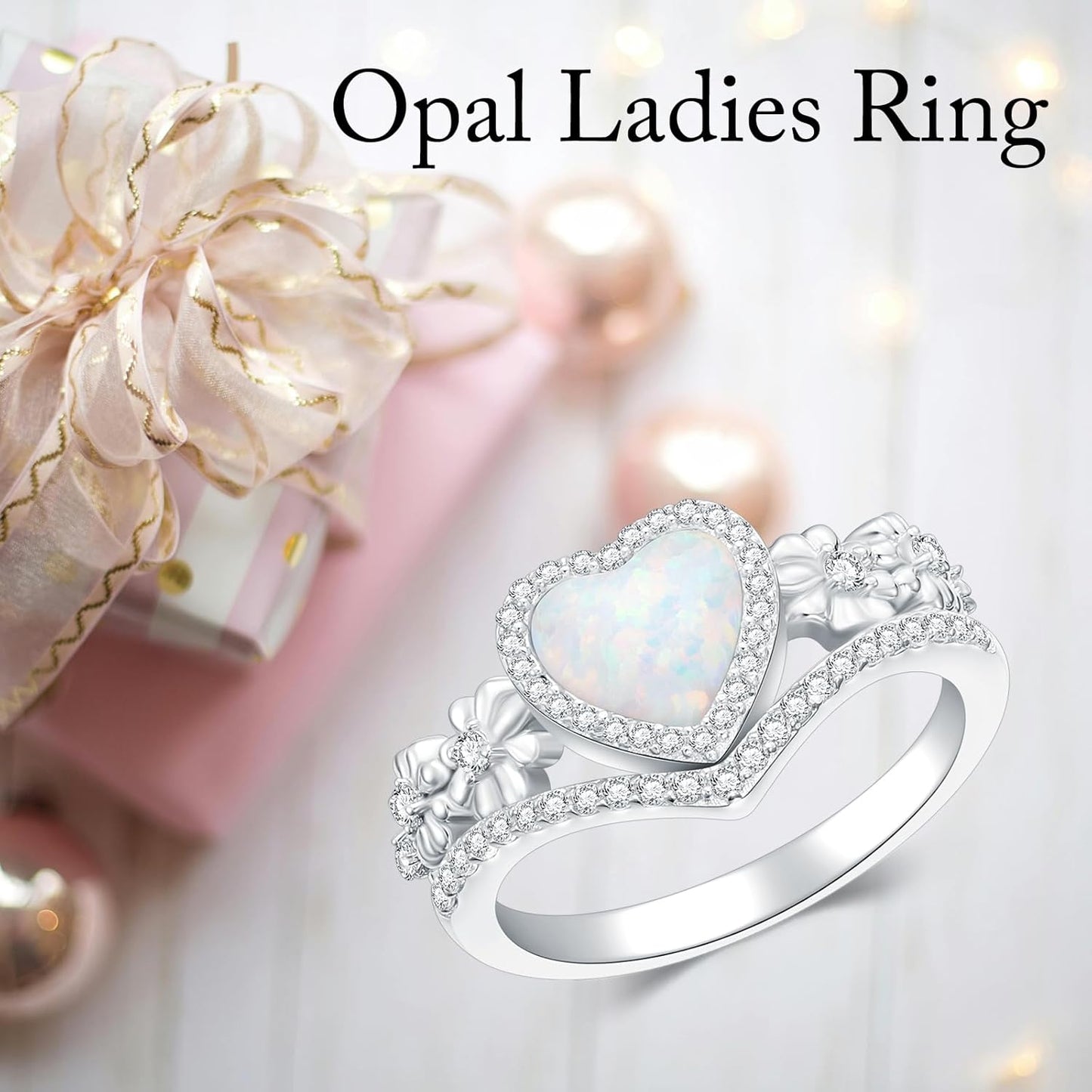 925 Sterling Silver Daisy Heart-Shaped Opal Ring with Cubic Zirconia,Flower Stacking Statement Wedding Band Ring for Women Jewelry Gifts for Her(Size 5-10)