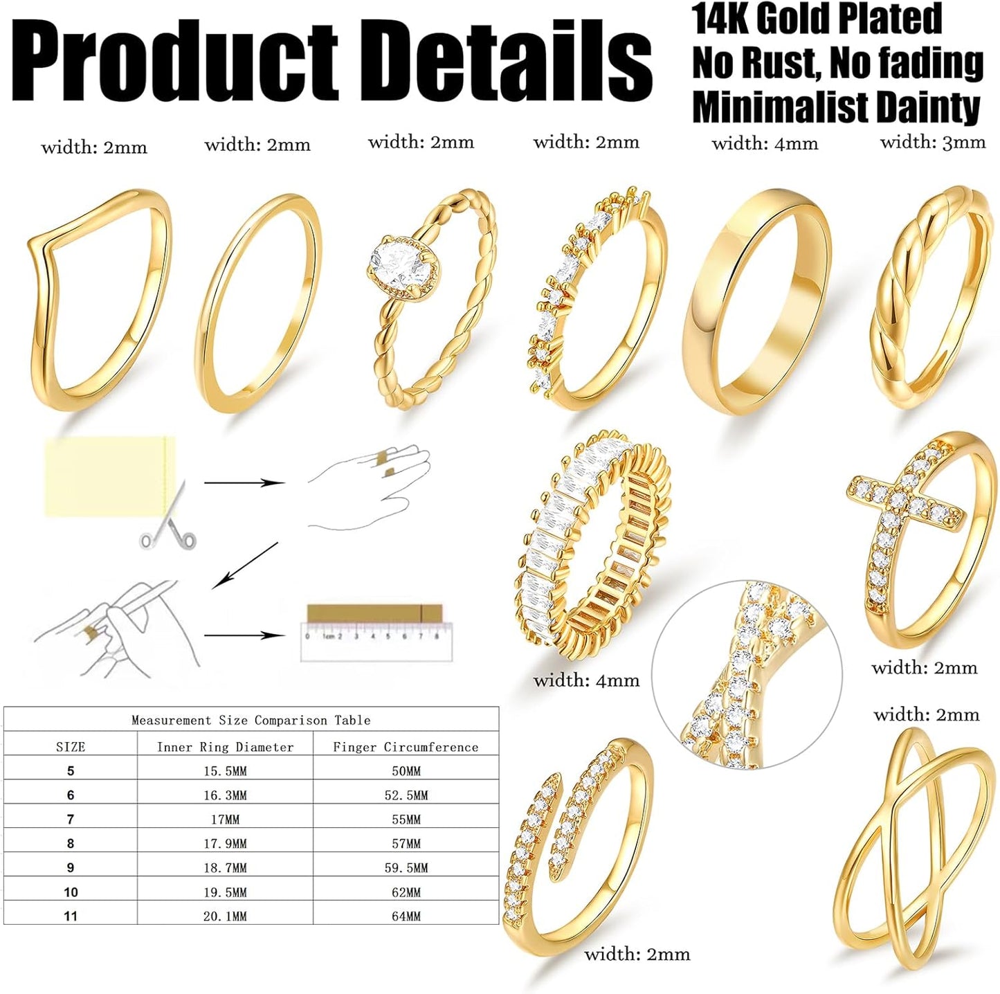 10 PCS 14K Gold Plated Rings Set for Women, Dainty Gold Knuckle Ring Non Tarnish, Simple Thumb Stacking Rings Pack Size 6/7/8/9/10