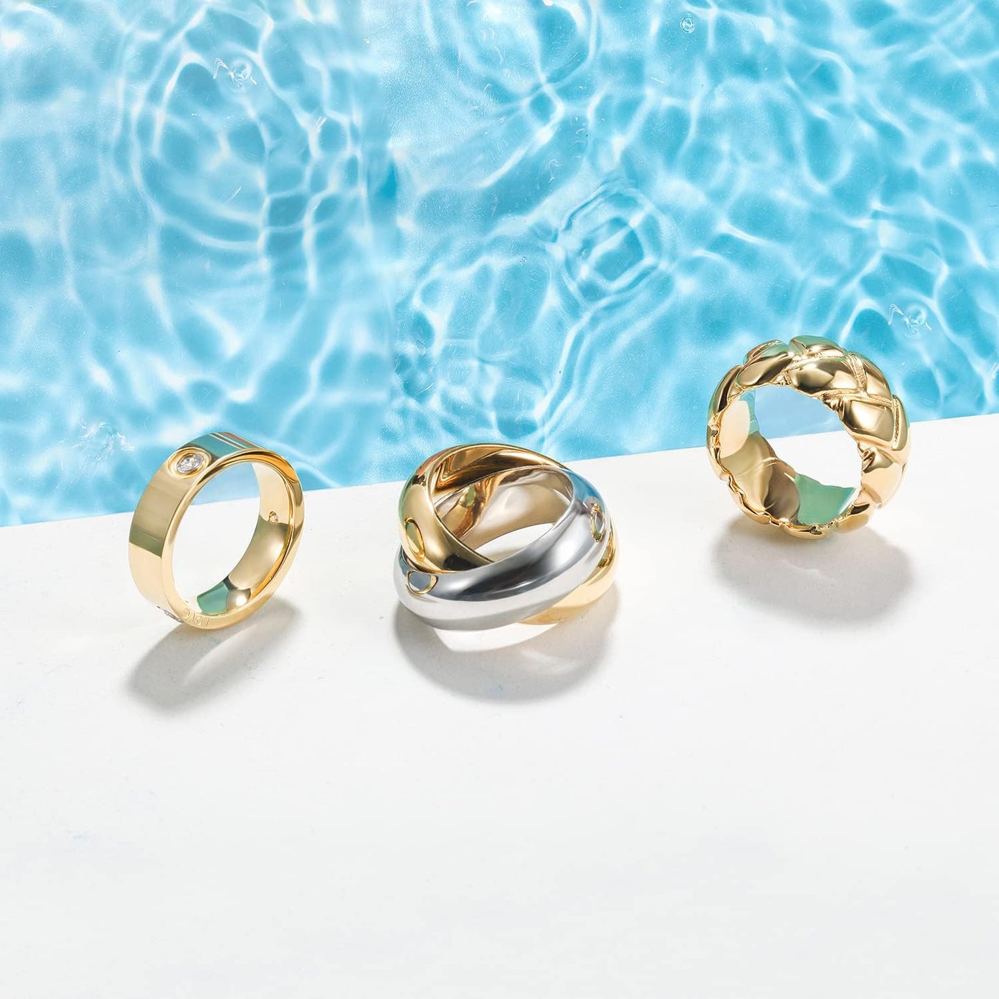 14K Gold Plated Band Rings for Women, Solitaire Rings with CZ, 316L Stainless Steel Chunky Cubic Zirconia Enhancer Ring, Trendy LOVE Engraved Rings