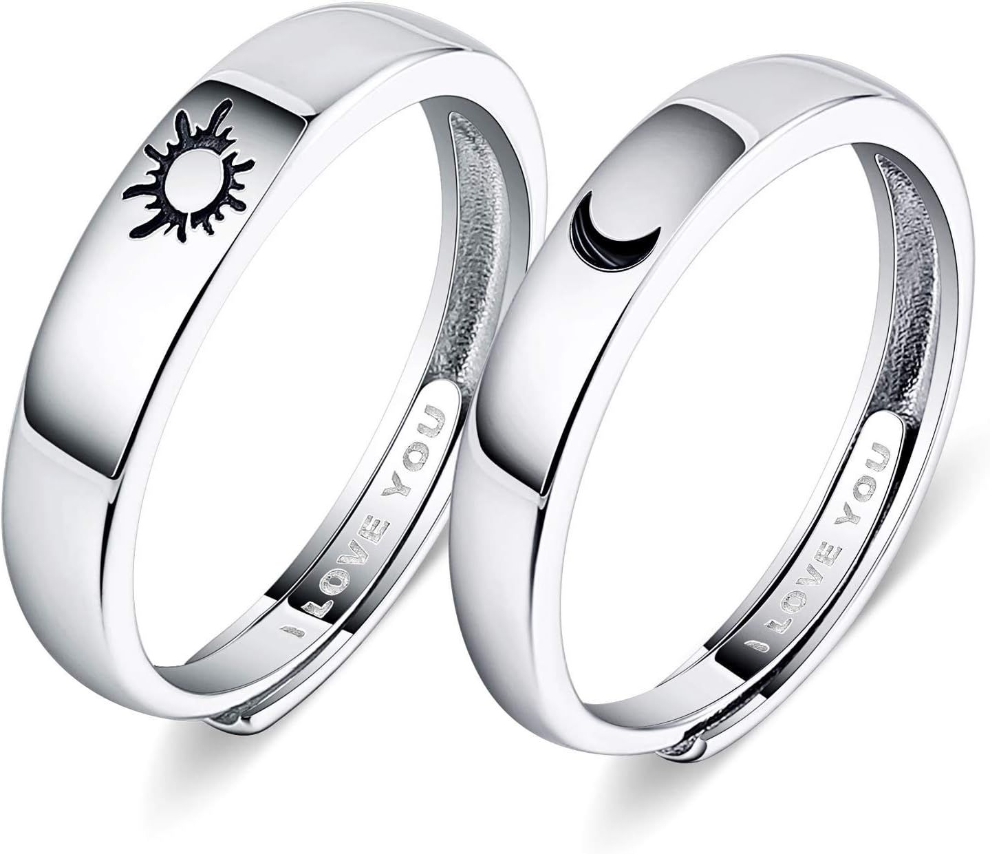 Beydodo 925 Silver Rings Custom Adjustable Sun and Moon Matching Rings Engraved I Love You Couples Rings Wedding