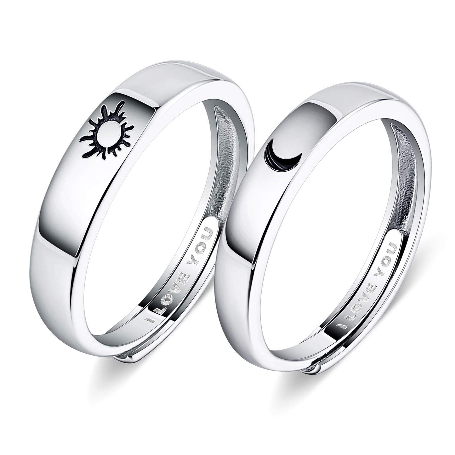 Beydodo 925 Silver Rings Custom Adjustable Sun and Moon Matching Rings Engraved I Love You Couples Rings Wedding