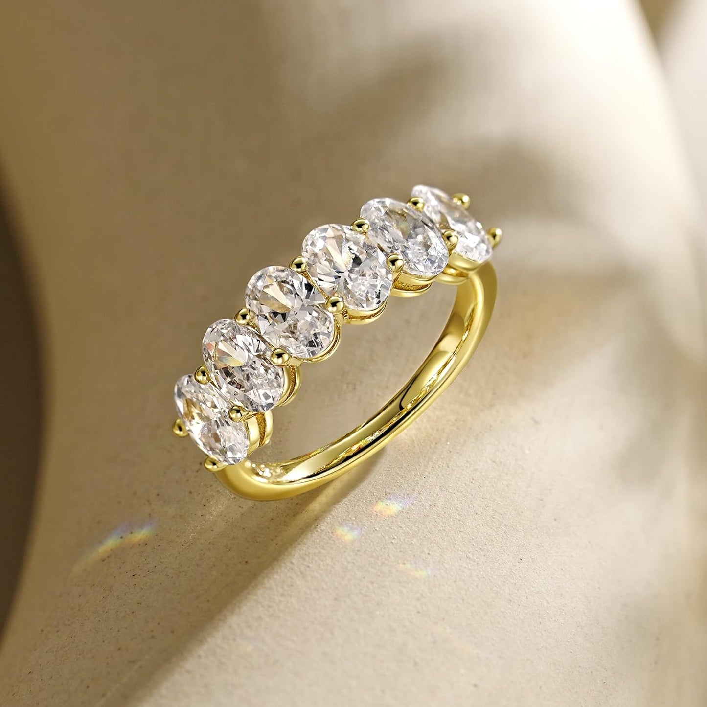 LUCA SMITH 0.5CT CZ Wedding Bands for Women 14K Gold Plated 6-Stone Oval Cut AAAAA Cubic Zirconia Simulated Diamond Stackable Half Eternity Engagement Promise Anniversary Ring for Her Size 6-10