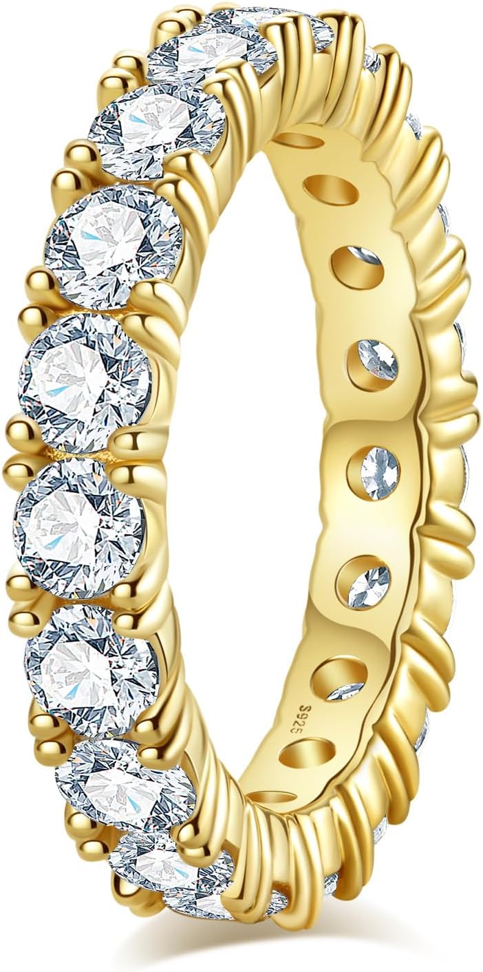 Moissanite Wedding Band 4ct/2.1ct D Color VVS1 Round Cut 14K Yellow Gold Plated 925 Sterling Silver Eternity Band Rings for Women
