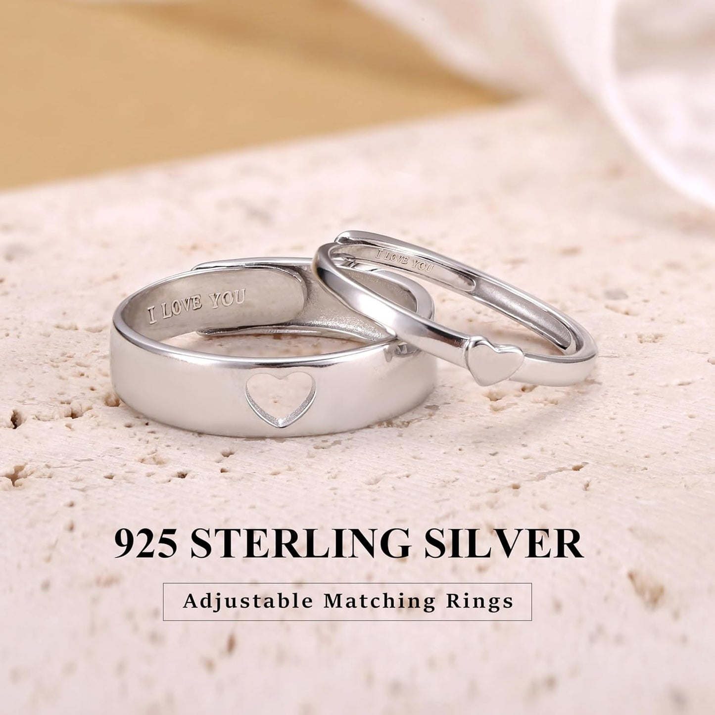 MILACOLATO Matching Rings for Couples 925 Sterling Silver Matching Heart Promise Rings I Love You Engagement Wedding Ring Sets for Him and Her Adjustable Butterfly Matching Rings Valentines Day Gifts