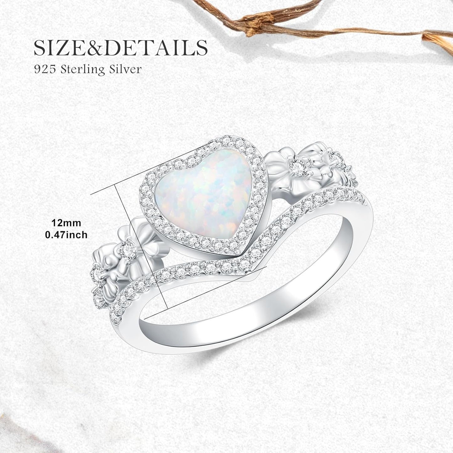 925 Sterling Silver Daisy Heart-Shaped Opal Ring with Cubic Zirconia,Flower Stacking Statement Wedding Band Ring for Women Jewelry Gifts for Her(Size 5-10)