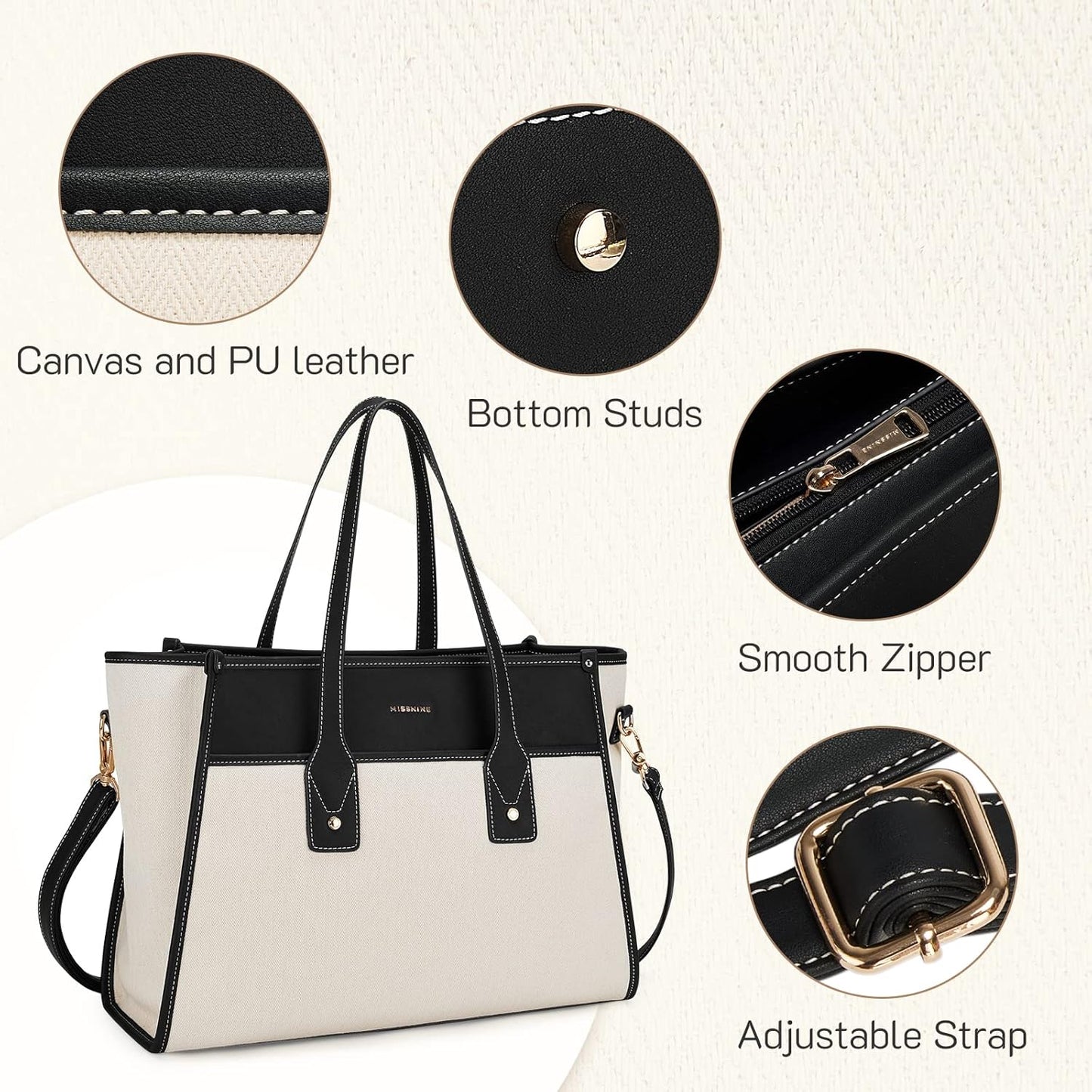 Missnine Tote Bag Canvas Laptop Bag 15.6 inch Work Bags for Women Teacher Bag Casual Computer Shoulder Purse for Office, College, Travel