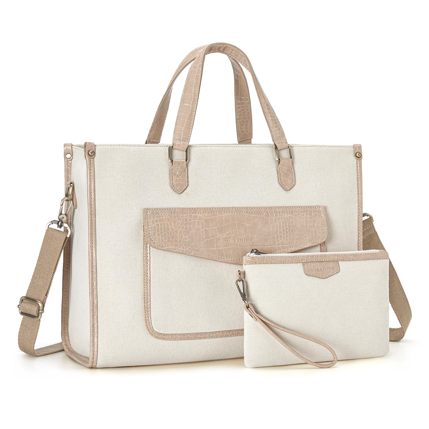 Missnine Tote Bag Canvas Laptop Bag 15.6 inch Work Bags for Women Teacher Bag Casual Computer Shoulder Purse for Office, College, Travel