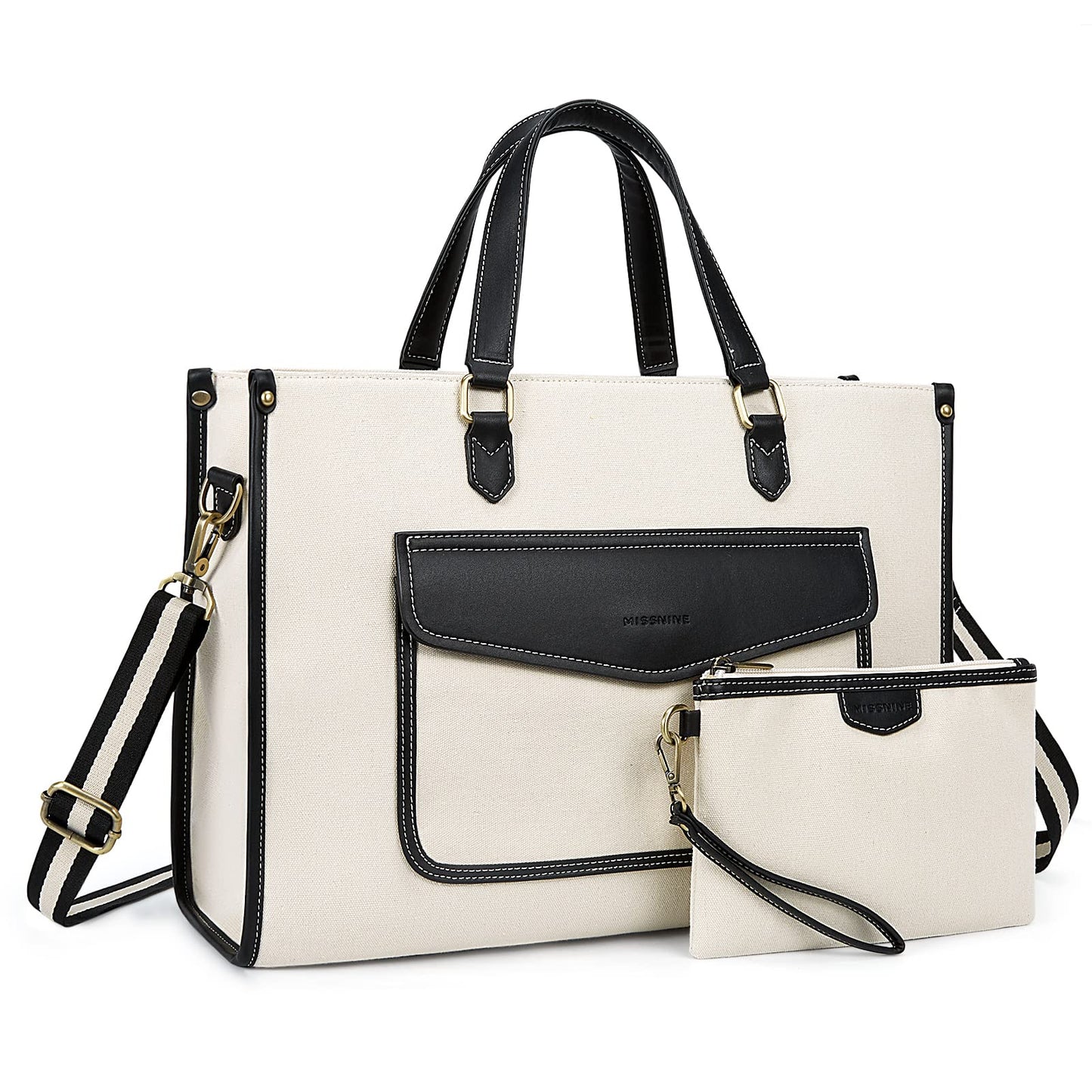 Missnine Tote Bag Canvas Laptop Bag 15.6 inch Work Bags for Women Teacher Bag Casual Computer Shoulder Purse for Office, College, Travel