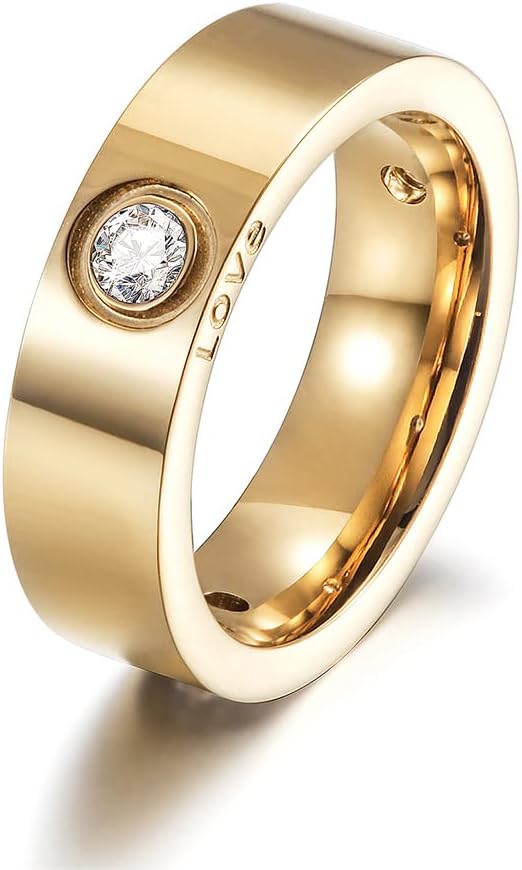 14K Gold Plated Band Rings for Women, Solitaire Rings with CZ, 316L Stainless Steel Chunky Cubic Zirconia Enhancer Ring, Trendy LOVE Engraved Rings