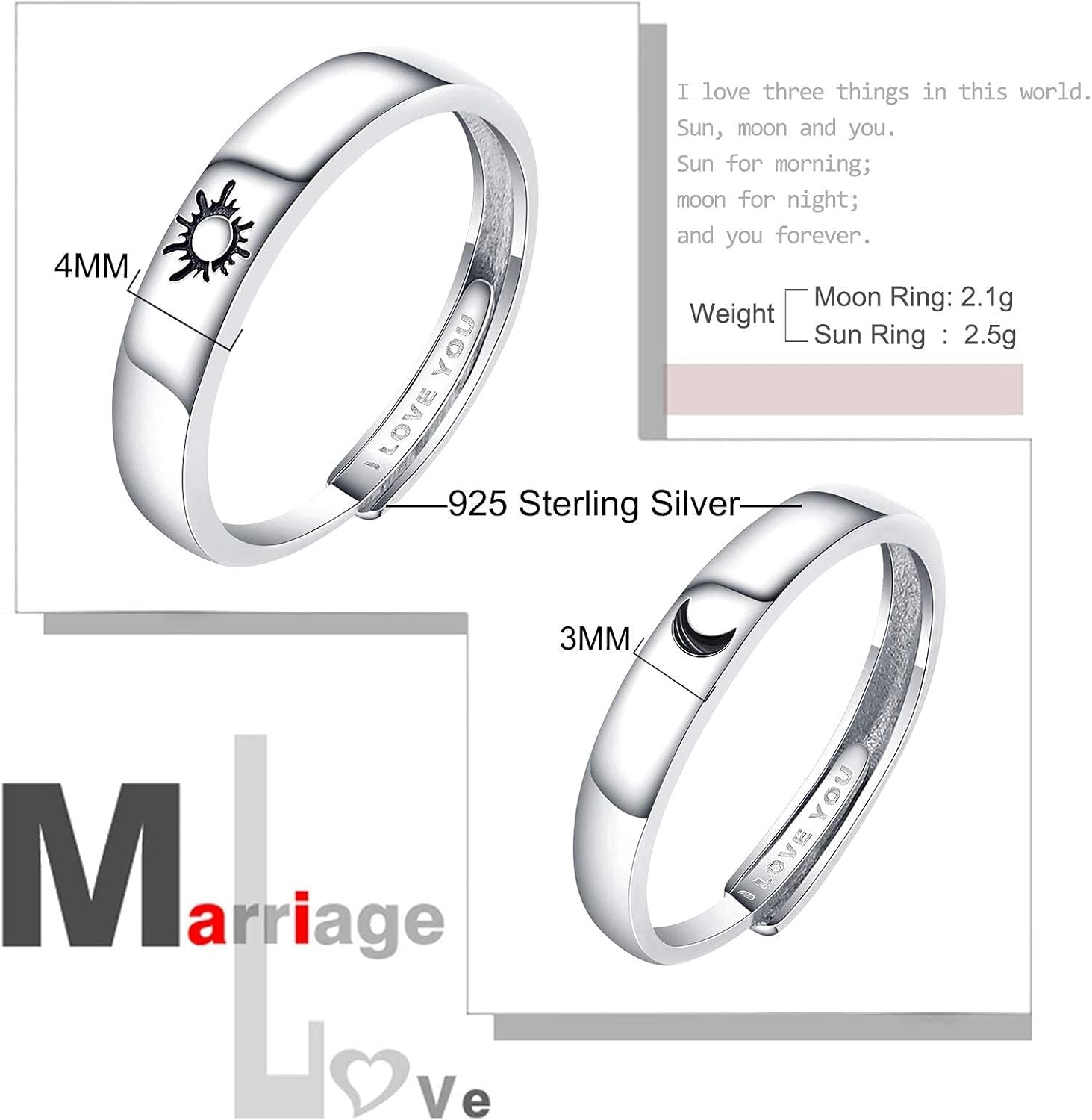Beydodo 925 Silver Rings Custom Adjustable Sun and Moon Matching Rings Engraved I Love You Couples Rings Wedding