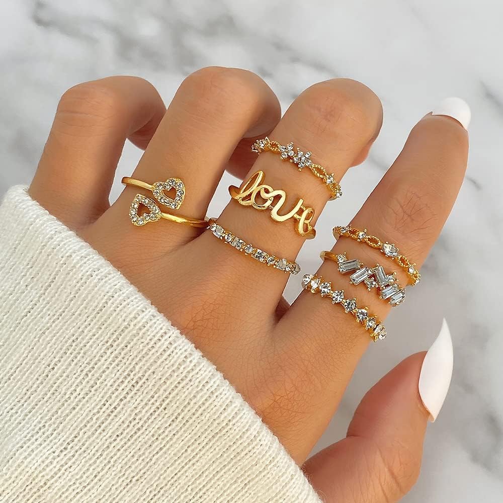 KISS WIFE Gold Stackable Moon Star Knuckle Rings Set for Women, Boho Dainty Lightweight Stacking Rings, Vintage Midi Rings Pack, Trendy Jewelry