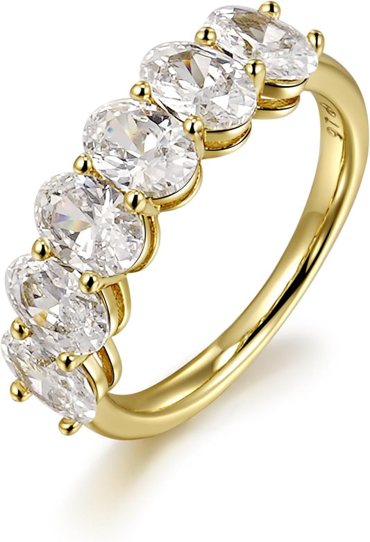 LUCA SMITH 0.5CT CZ Wedding Bands for Women 14K Gold Plated 6-Stone Oval Cut AAAAA Cubic Zirconia Simulated Diamond Stackable Half Eternity Engagement Promise Anniversary Ring for Her Size 6-10