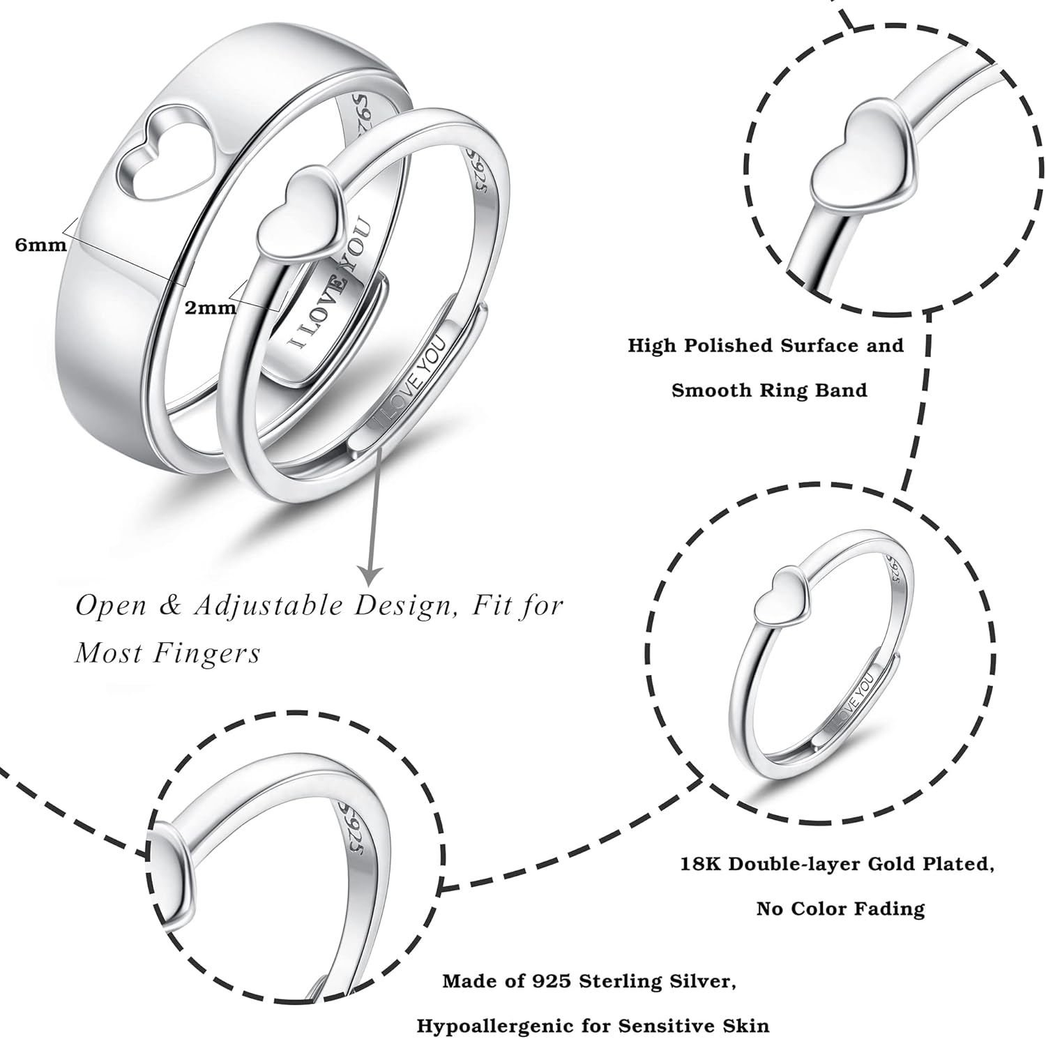MILACOLATO Matching Rings for Couples 925 Sterling Silver Matching Heart Promise Rings I Love You Engagement Wedding Ring Sets for Him and Her Adjustable Butterfly Matching Rings Valentines Day Gifts