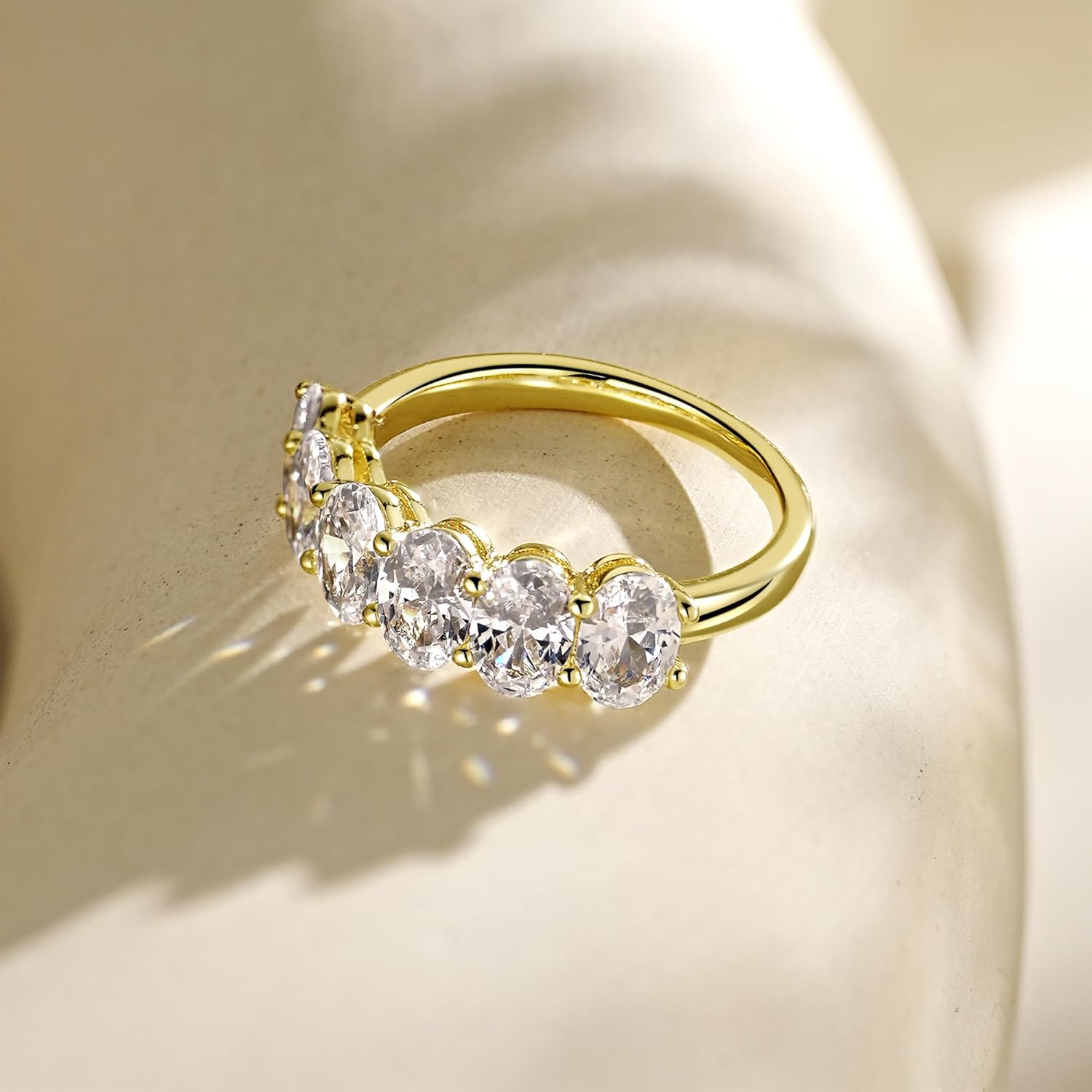 LUCA SMITH 0.5CT CZ Wedding Bands for Women 14K Gold Plated 6-Stone Oval Cut AAAAA Cubic Zirconia Simulated Diamond Stackable Half Eternity Engagement Promise Anniversary Ring for Her Size 6-10