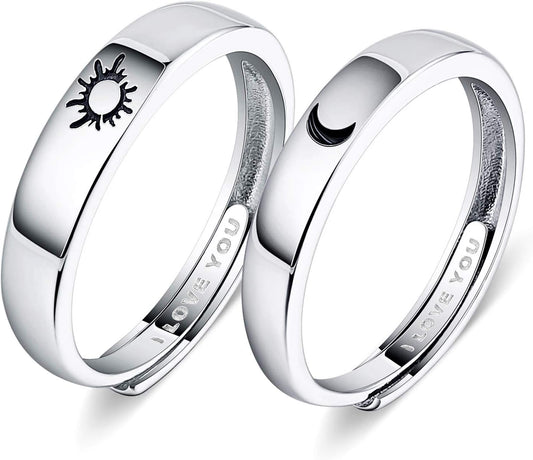 Beydodo 925 Silver Rings Custom Adjustable Sun and Moon Matching Rings Engraved I Love You Couples Rings Wedding