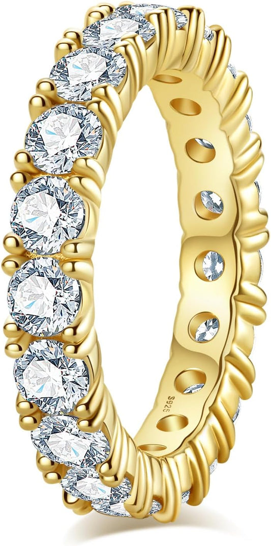 Moissanite Wedding Band 4ct/2.1ct D Color VVS1 Round Cut 14K Yellow Gold Plated 925 Sterling Silver Eternity Band Rings for Women