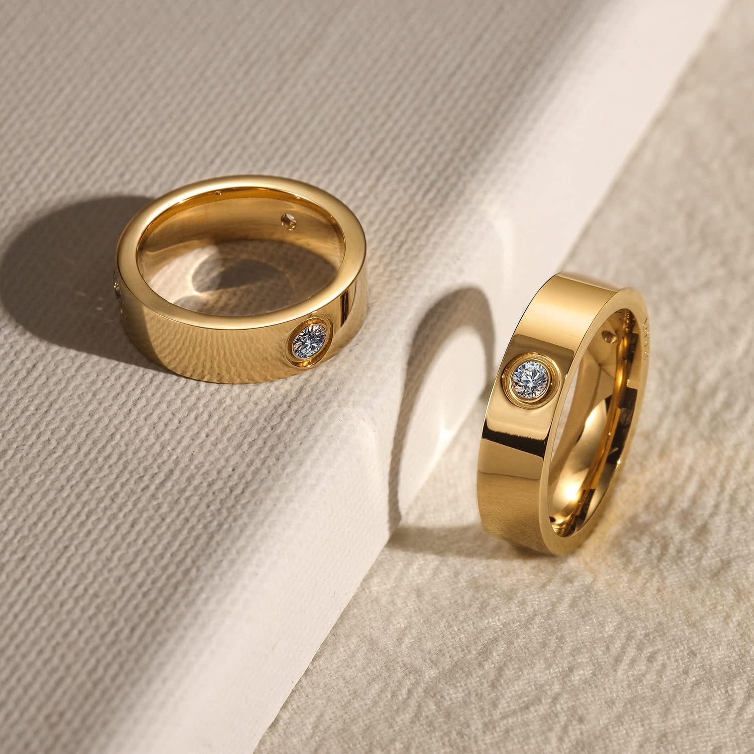 14K Gold Plated Band Rings for Women, Solitaire Rings with CZ, 316L Stainless Steel Chunky Cubic Zirconia Enhancer Ring, Trendy LOVE Engraved Rings