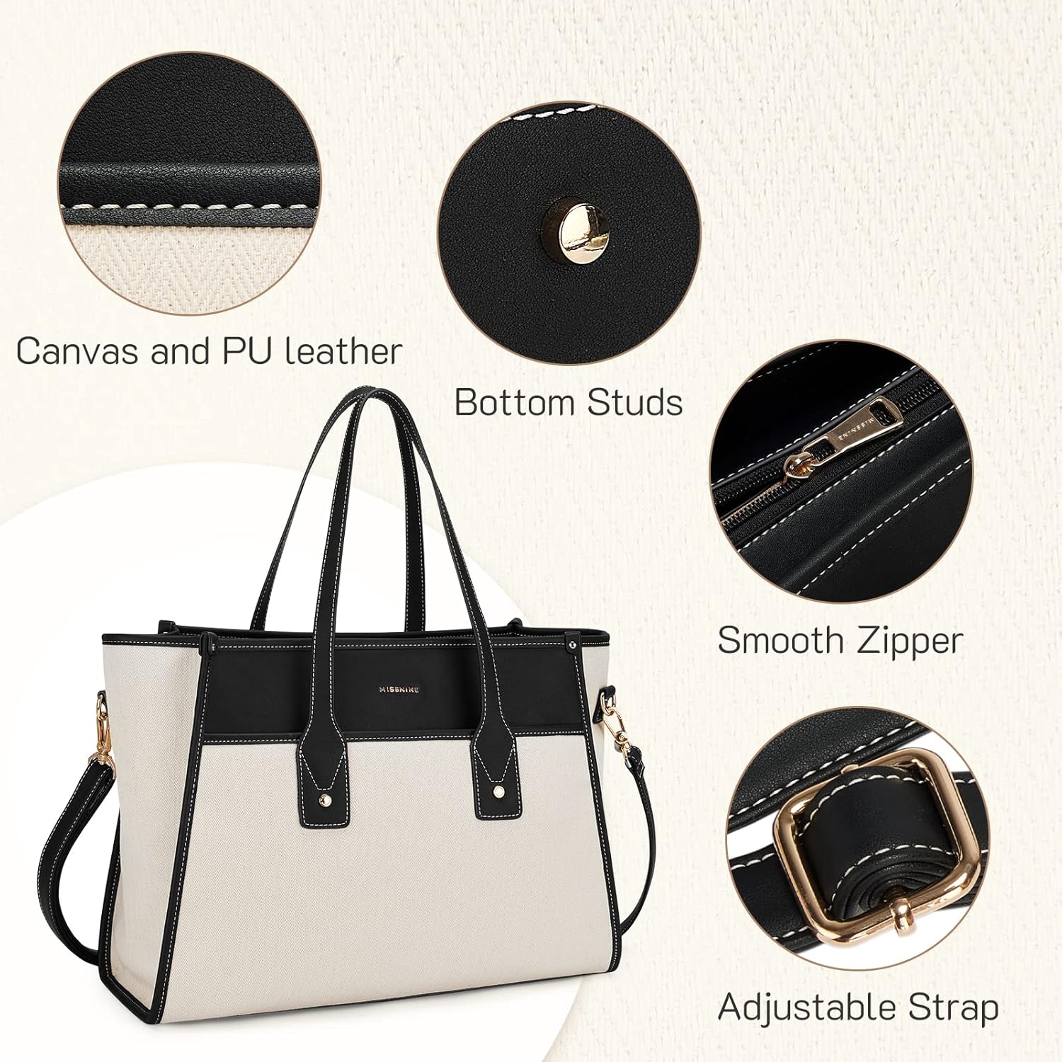 Missnine Tote Bag Canvas Laptop Bag 15.6 inch Work Bags for Women Teacher Bag Casual Computer Shoulder Purse for Office, College, Travel