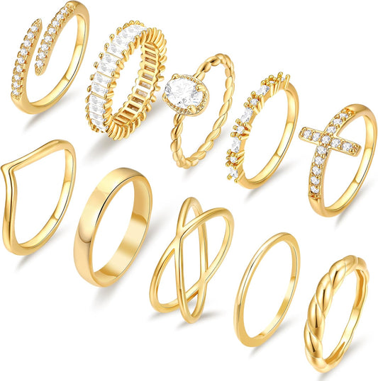 10 PCS 14K Gold Plated Rings Set for Women, Dainty Gold Knuckle Ring Non Tarnish, Simple Thumb Stacking Rings Pack Size 6/7/8/9/10