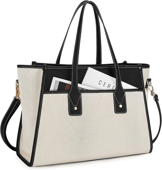 Missnine Tote Bag Canvas Laptop Bag 15.6 inch Work Bags for Women Teacher Bag Casual Computer Shoulder Purse for Office, College, Travel